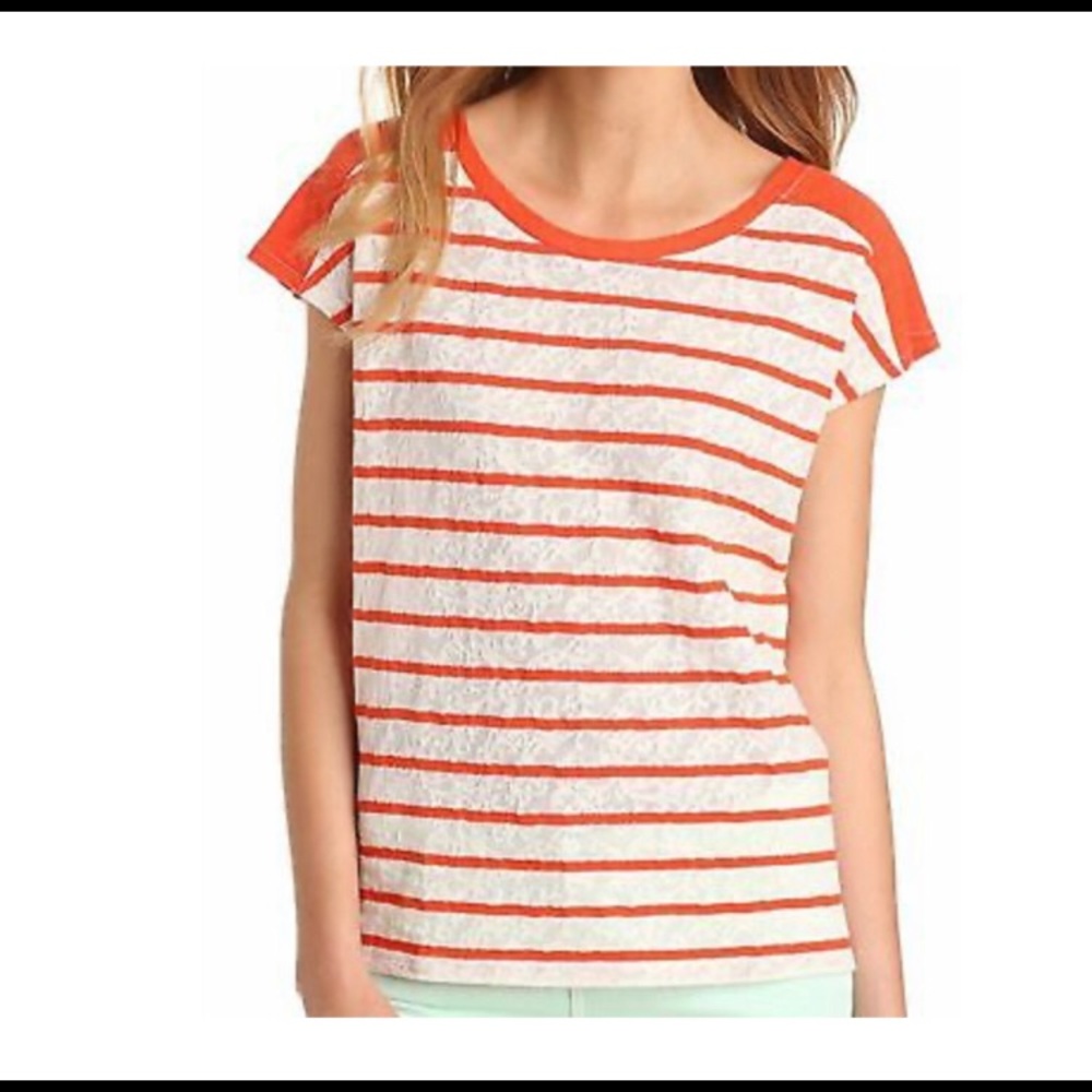 Lucky Brand Orange Seanna Striped Lace Dolman Top Size Large